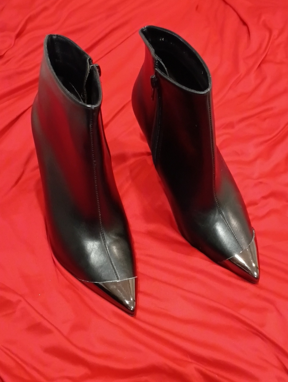 bebe Black Pointed Toe Ankle Booties with Metallic Toe Cap